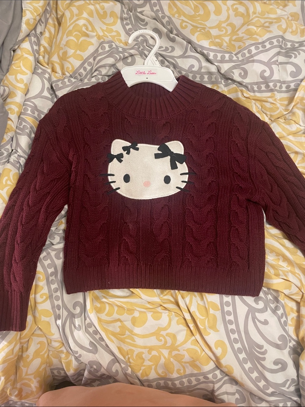 Hello Kitty Burgundy Cable Knit Cropped Pullover